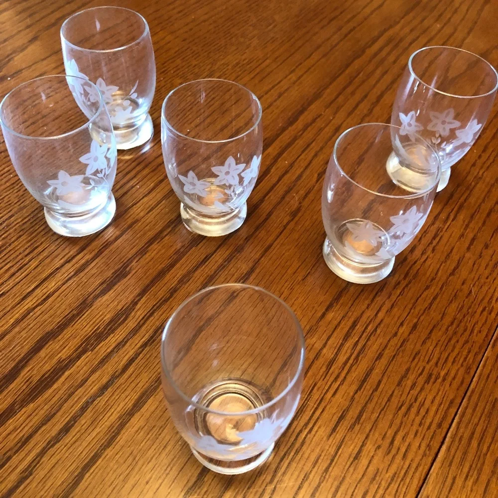 Vintage Clear Glass Etched Decanter and Six Shot Glasses
